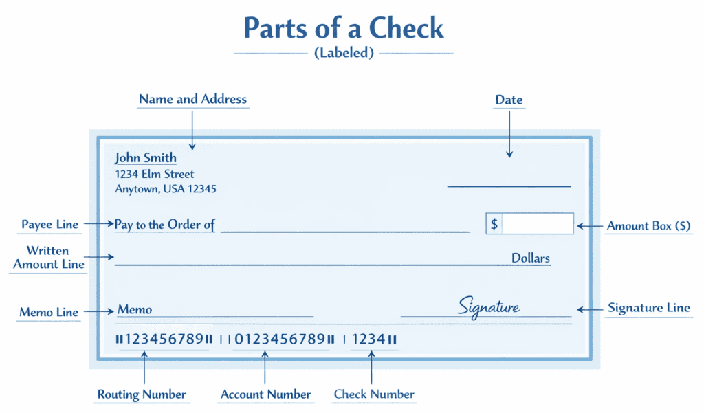 A diagram titled “Parts of a Check (Labeled)” showing a blank check with arrows labeling each field: Name and Address (example text: “John Smith, 1234 Elm Street, Anytown, USA 12345”), Date line (blank), Payee Line (“Pay to the Order of”), Amount Box ($) on the right, Written Amount Line (blank line ending with “Dollars”), Memo Line (blank), Signature Line (blank line with the word “Signature”), and the bottom number area labeled Routing Number, Account Number, and Check Number.