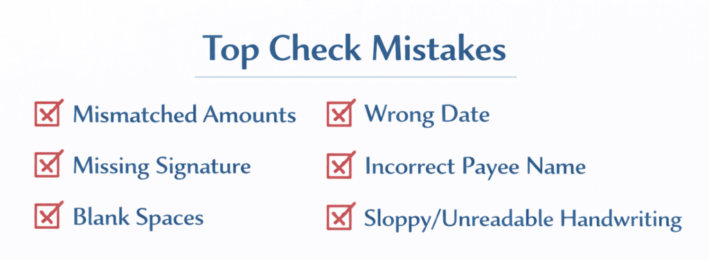 A simple graphic titled “Top Check Mistakes” with red checkbox icons listing six common errors: mismatched amounts, missing signature, blank spaces, wrong date, incorrect payee name, and sloppy/unreadable handwriting.