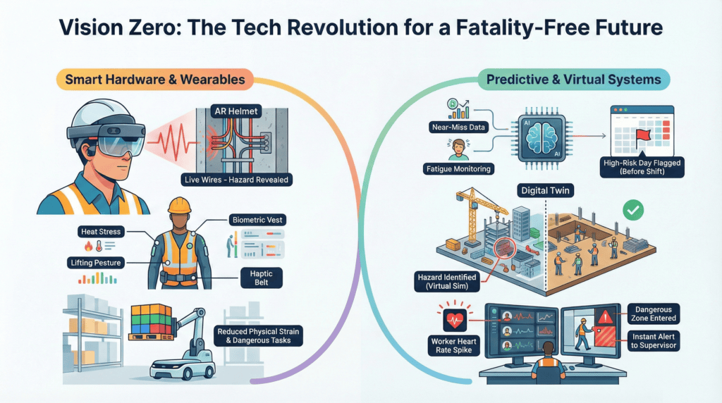 Vision Zero: The Tech Revolution for a Fatality-Free Future
This infographic explains the "Vision Zero" philosophy through a split-circle diagram showing how 2026 tech prevents injury.
Smart Hardware & Wearables (Left/Orange Section):
AR Helmet: Shows a worker seeing live wires through a wall to reveal hidden hazards.
Biometric Wearables: A diagram of a worker wearing a "Biometric Vest" (tracking heart rate and heat stress) and a "Haptic Belt" (correcting lifting posture).
Automation: Depicts a robotic warehouse vehicle reducing physical strain for dangerous tasks.
Predictive & Virtual Systems (Right/Green Section):
AI Processing: Illustrates an AI chip analyzing near-miss data and fatigue monitoring to flag a "High-Risk Day" before a shift even begins.
Digital Twin: Shows a split view of a construction site: a "Virtual Sim" used to identify hazards and a real-world site for safe execution.
Monitoring Station: A supervisor's desk showing real-time alerts for worker heart rate spikes or when a dangerous zone is entered.