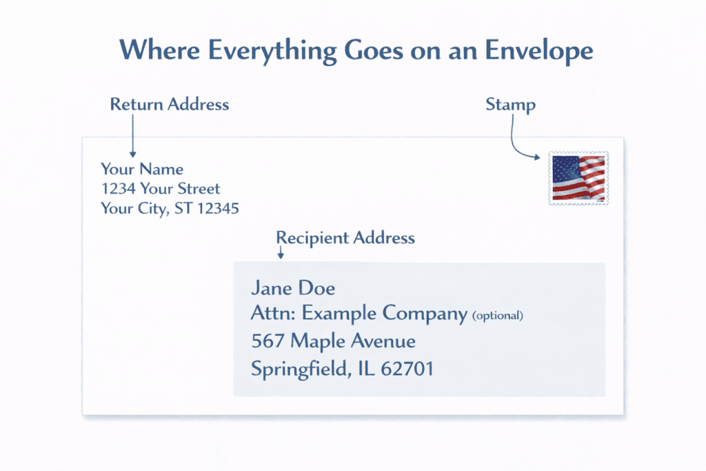 A diagram titled “Where Everything Goes on an Envelope” showing a blank envelope with arrows labeling three areas: Return Address in the top-left (example text: “Your Name, 1234 Your Street, Your City, ST 12345”), Stamp in the top-right (U.S. flag stamp shown), and Recipient Address centered (example block: “Jane Doe, Attn: Example Company (optional), 567 Maple Avenue, Springfield, IL 62701”).