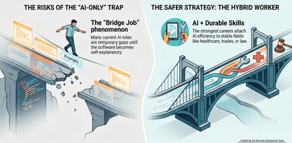 Infographic showing a cracked bridge labeled as the AI-only trap beside a stronger bridge labeled as the hybrid worker strategy, illustrating why AI skills are safer when paired with durable real-world skills.