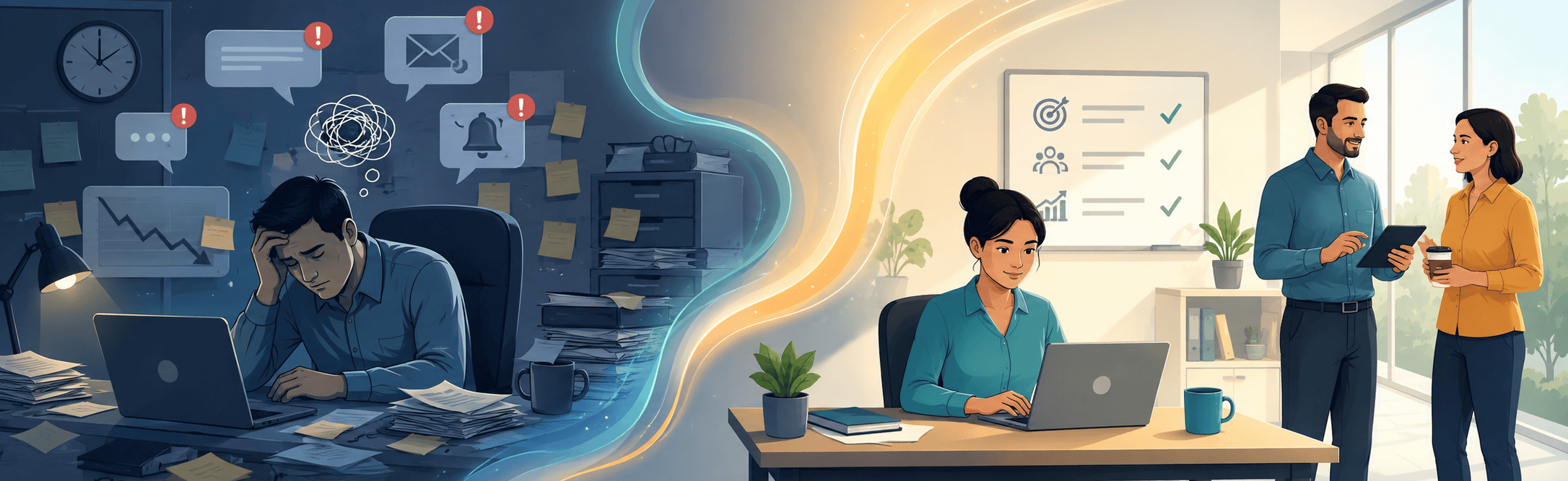 Illustrated banner showing a stressed, cluttered workday transitioning into a brighter, more organized office where employees have clearer priorities, calmer collaboration, and stronger support.