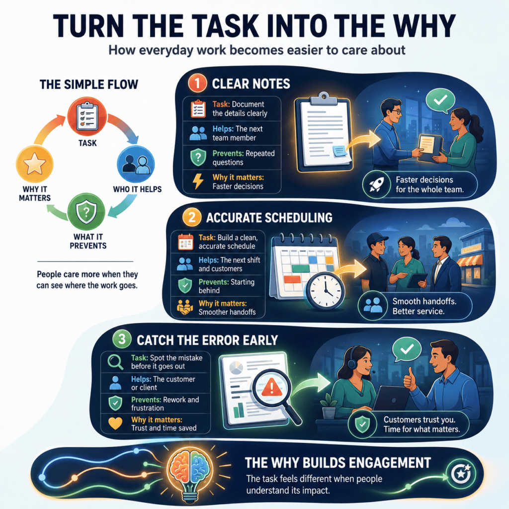 Infographic titled “Turn the Task Into the Why,” showing how routine work like clear notes, accurate scheduling, and catching errors early connects to stronger handoffs, fewer mistakes, customer trust, and better employee engagement.