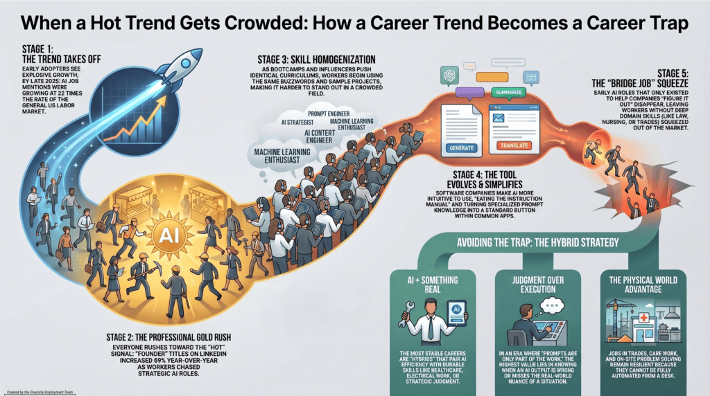 Infographic showing a five-stage path from AI career growth to crowding and job pressure. It ends by recommending a hybrid strategy that combines AI skills with real-world experience, judgment, and hands-on work.
