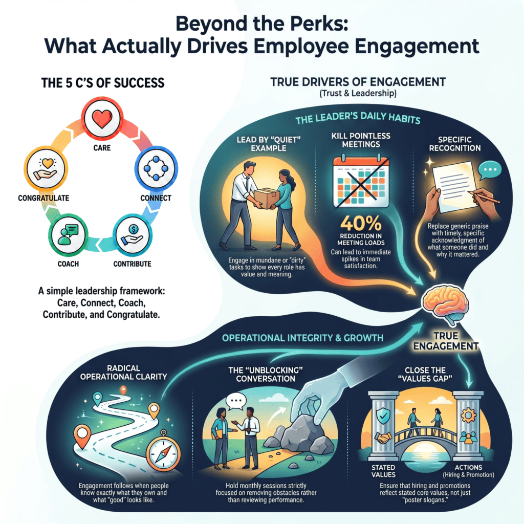 Infographic titled “Beyond the Perks: What Actually Drives Employee Engagement,” showing how leadership habits like clear expectations, removing blockers, specific recognition, honest feedback, and aligning values with actions can build stronger employee engagement.