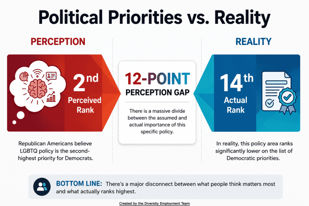 Infographic titled Political Priorities vs. Reality. Left side, labeled Perception: Americans believe LGBTQ and transgender policy is the second-highest priority for Democrats. Right side, labeled Reality: it actually ranks 14th on the list of Democratic priorities, a 12-point perception gap. Bottom line: there's a major disconnect between what people think matters most and what actually ranks highest. Created by the Diversity Employment Team.