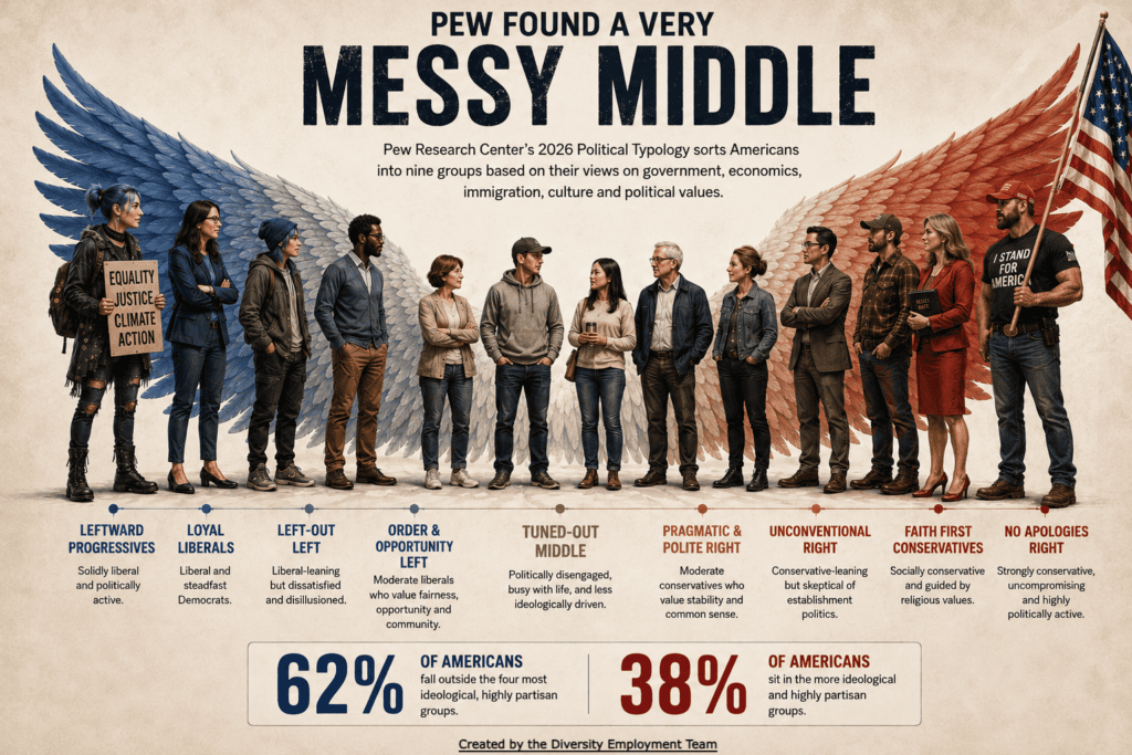 Infographic titled Pew Found a Very Messy Middle. Pew Research Center's 2026 Political Typology sorts Americans into nine groups based on views on government, economics, immigration, culture, and political values, shown as nine figures along a pair of outstretched wings, blue on the left and red on the right. Left to right: Leftward Progressives, solidly liberal and politically active; Loyal Liberals, liberal and steadfast Democrats; Left-Out Left, liberal-leaning but dissatisfied and disillusioned; Order and Opportunity Left, moderate liberals who value fairness, opportunity and community; Tuned-Out Middle, politically disengaged, busy with life, and less ideologically driven; Pragmatic and Polite Right, moderate conservatives who value stability and common sense; Unconventional Right, conservative-leaning but skeptical of establishment politics; Faith First Conservatives, socially conservative and guided by religious values; No Apologies Right, strongly conservative, uncompromising and highly politically active. 62% of Americans fall outside the four most ideological, highly partisan groups; 38% sit within them. Created by the Diversity Employment Team.