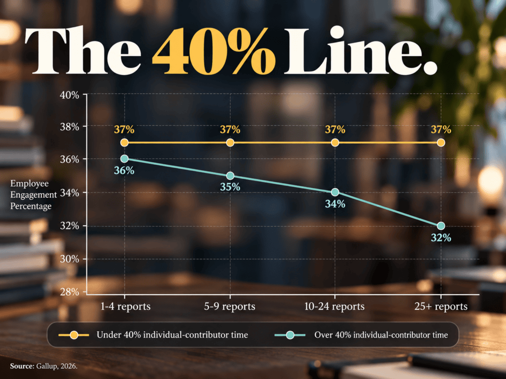 Line chart titled 'The 40% Line' showing manager engagement by team size and individual-contributor time. Managers under 40 percent individual-contributor time hold steady at 37 percent engagement across all team sizes, from 1-4 reports to 25 or more. Managers over 40 percent see engagement decline as team size grows: 36 percent at 1-4 reports, 35 percent at 5-9, 34 percent at 10-24, and 32 percent at 25 or more. Source: Gallup, 2026.