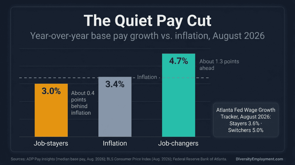 Bar chart titled "The Quiet Pay Cut," comparing year-over-year base pay growth with inflation in August 2026. Job-stayers' pay rose 3.0%, about 0.4 points behind inflation of 3.4%. Job-changers' pay rose 4.7%, about 1.3 points ahead. A side note shows the Atlanta Fed Wage Growth Tracker for August 2026: stayers 3.6%, switchers 5.0%. Sources: ADP Pay Insights, BLS Consumer Price Index, and the Federal Reserve Bank of Atlanta.