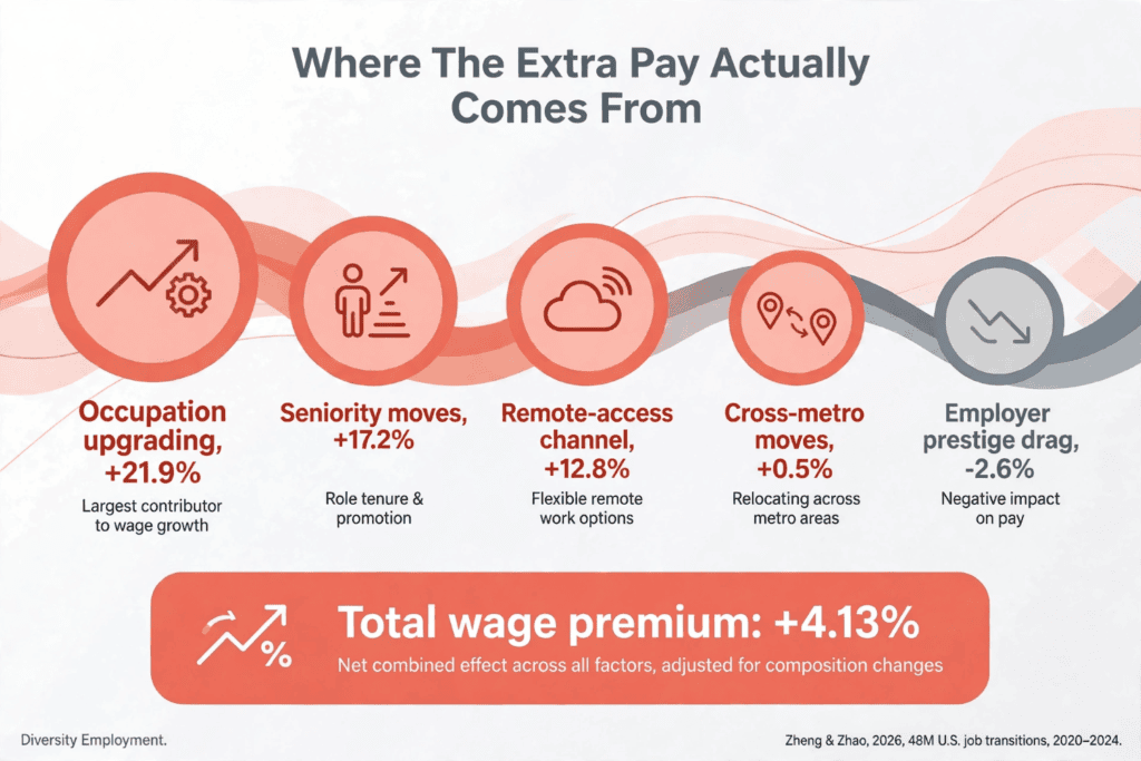 Infographic titled 'Where the Extra Pay Actually Comes From.' Five circles along a flowing ribbon show the components of a wage premium: occupation upgrading at +21.9%, seniority moves at +17.2%, remote-access channel at +12.8%, cross-metro moves at +0.5%, and employer prestige drag at -2.6%, shown in gray as a downward pull. A coral banner below totals these to a +4.13% wage premium.