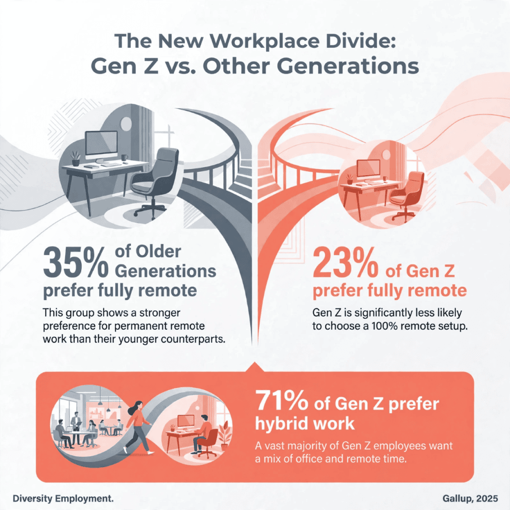 Infographic titled 'The New Workplace Divide: Gen Z vs. Other Generations.' A gray circle shows 35% of older generations prefer fully remote work, next to a coral circle showing 23% of Gen Z prefer fully remote work. Below, a coral banner shows 71% of Gen Z prefer hybrid work, illustrated with a small office scene and a home desk scene connected by a flowing ribbon.