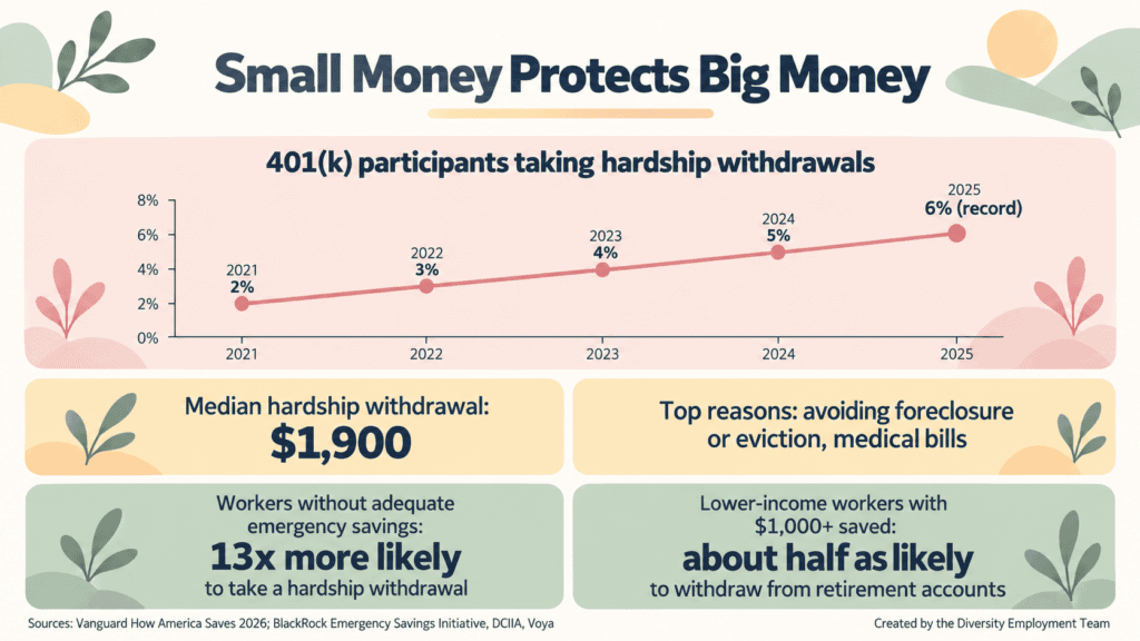 Infographic titled "Small Money Protects Big Money." The share of Vanguard 401(k) participants taking hardship withdrawals rose each year from 2% in 2021 to a record 6% in 2025, with a median withdrawal of $1,900, most often to avoid foreclosure or eviction or pay medical bills. Workers without adequate emergency savings were 13 times more likely to take a hardship withdrawal, and lower-income workers with at least $1,000 saved were about half as likely to withdraw from retirement accounts.