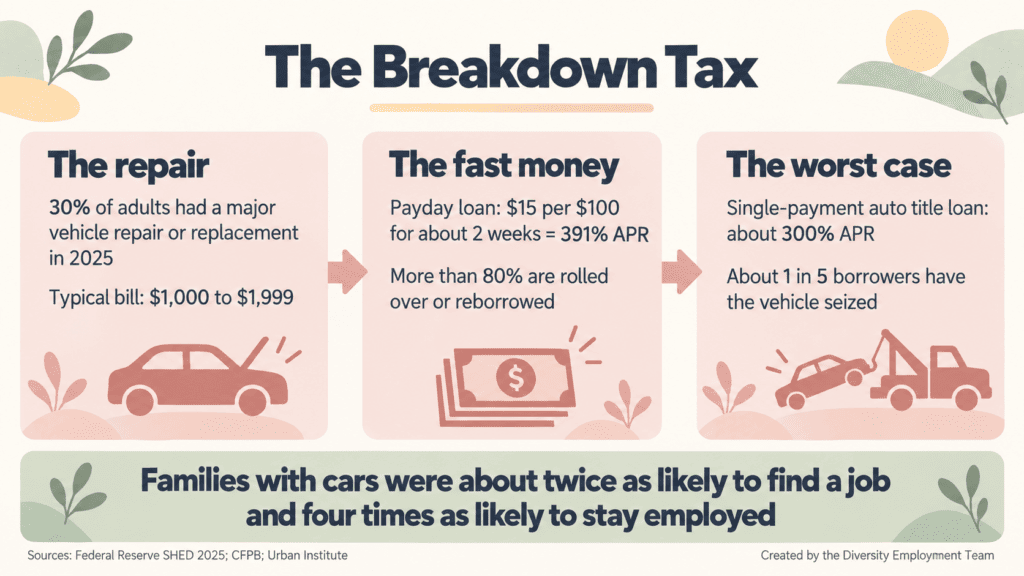 Three-step infographic titled "The Breakdown Tax." A major vehicle repair was the most common surprise expense in 2025, hitting 30% of adults, with a typical bill of $1,000 to $1,999. A payday loan costing $15 per $100 for two weeks equals a 391% APR, and more than 80% are rolled over. Single-payment auto title loans run about 300% APR, and about 1 in 5 borrowers lose the vehicle. A banner notes that families with cars were about twice as likely to find a job and four times as likely to stay employed.