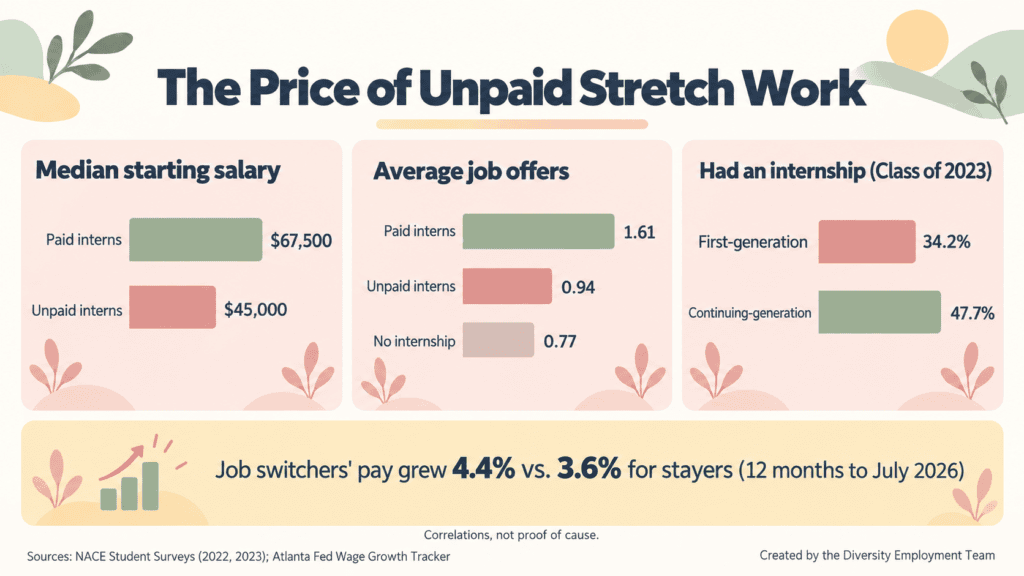 Three-panel infographic titled "The Price of Unpaid Stretch Work." Paid interns reported a median starting salary of $67,500 versus $45,000 for unpaid interns. Paid interns averaged 1.61 job offers, unpaid interns 0.94, and students with no internship 0.77. In the Class of 2023, 34.2% of first-generation students had an internship versus 47.7% of continuing-generation students. A footer notes job switchers' pay grew 4.4% versus 3.6% for stayers in the year to July 2026.