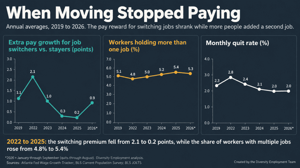 Three line charts, 2019 to 2026, titled When Moving Stopped Paying. Extra pay growth for job switchers vs. stayers: 1.1, 2.1, 1.0, 0.3, 0.2, and 0.9 points. Workers holding more than one job: 5.1%, 4.8%, 5.0%, 5.2%, 5.4%, and 5.3%. Monthly quit rate: 2.3%, 2.8%, 2.4%, 2.1%, 2.0%, and 2.0%. From 2022 to 2025, the switching premium fell from 2.1 to 0.2 points while multiple jobholding rose from 4.8% to 5.4%. Sources: Atlanta Fed Wage Growth Tracker, BLS. Diversity Employment analysis.