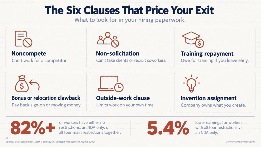Infographic titled The Six Clauses That Price Your Exit. It shows six cards: noncompete, non-solicitation, training repayment, bonus or relocation clawback, outside-work clause, and invention assignment. Below the cards: more than 82% of workers have no restrictions, an NDA only, or all four main restrictions together, and workers with all four earn 5.4% less than those with an NDA only. Source: Balasubramanian, Starr and Yamaguchi, Strategic Management Journal, 2024.