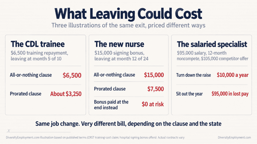 Infographic titled What Leaving Could Cost, comparing three illustrations. A CDL trainee with a $6,500 training repayment leaving at month 5 of 10 owes $6,500 under an all-or-nothing clause or about $3,250 if prorated. A new nurse with a $15,000 signing bonus leaving at month 12 of 24 owes $15,000 all-or-nothing, $7,500 prorated, or nothing if the bonus is paid at the end. A salaried specialist earning $95,000 with a 12-month noncompete and a $105,000 competitor offer either turns down a $10,000-a-year raise or loses $95,000 by sitting out a year. DiversityEmployment.com illustration; actual contracts vary.